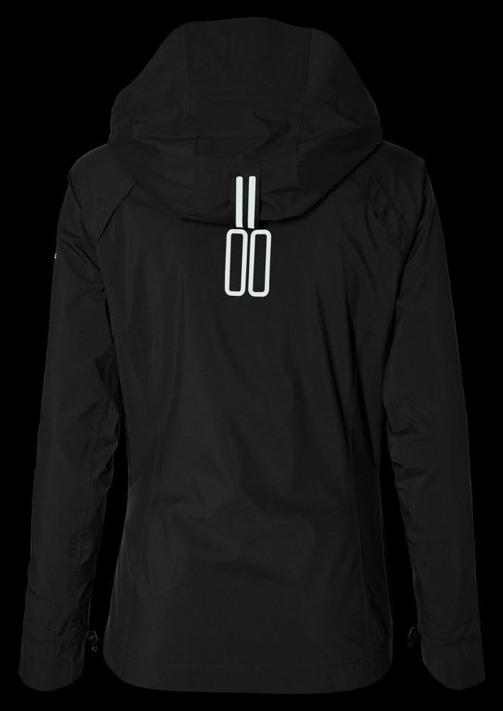 Basil Skane Damen Regenjacke schwarz mit tailliertem Schnitt und reflektierendem Logo am Rücken.