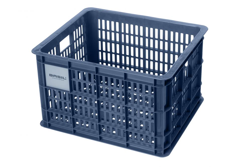Dunkelblauer Basil Transportkorb Crate M Bluestone 29L aus robustem, wetterfestem Kunststoff, stapelbar, MIK-kompatibel.