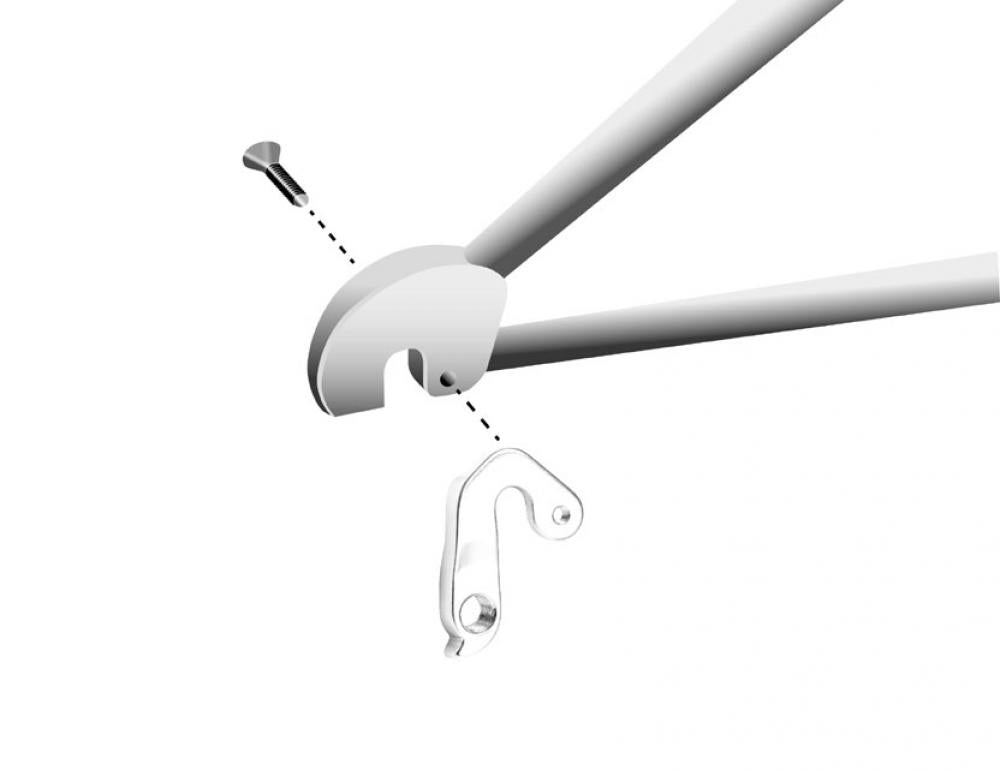 Marwi Schaltauge GH-277 aus silbernem CNC-Aluminium, mit Schraube und Ausfallende eines Scott Fahrradrahmens.