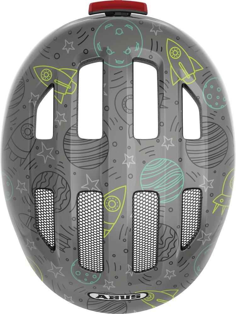 Abus Kinderhelm Smiley 3.0 LED grau, Draufsicht mit Weltraum-Design aus Raketen, Planeten und Sternen.