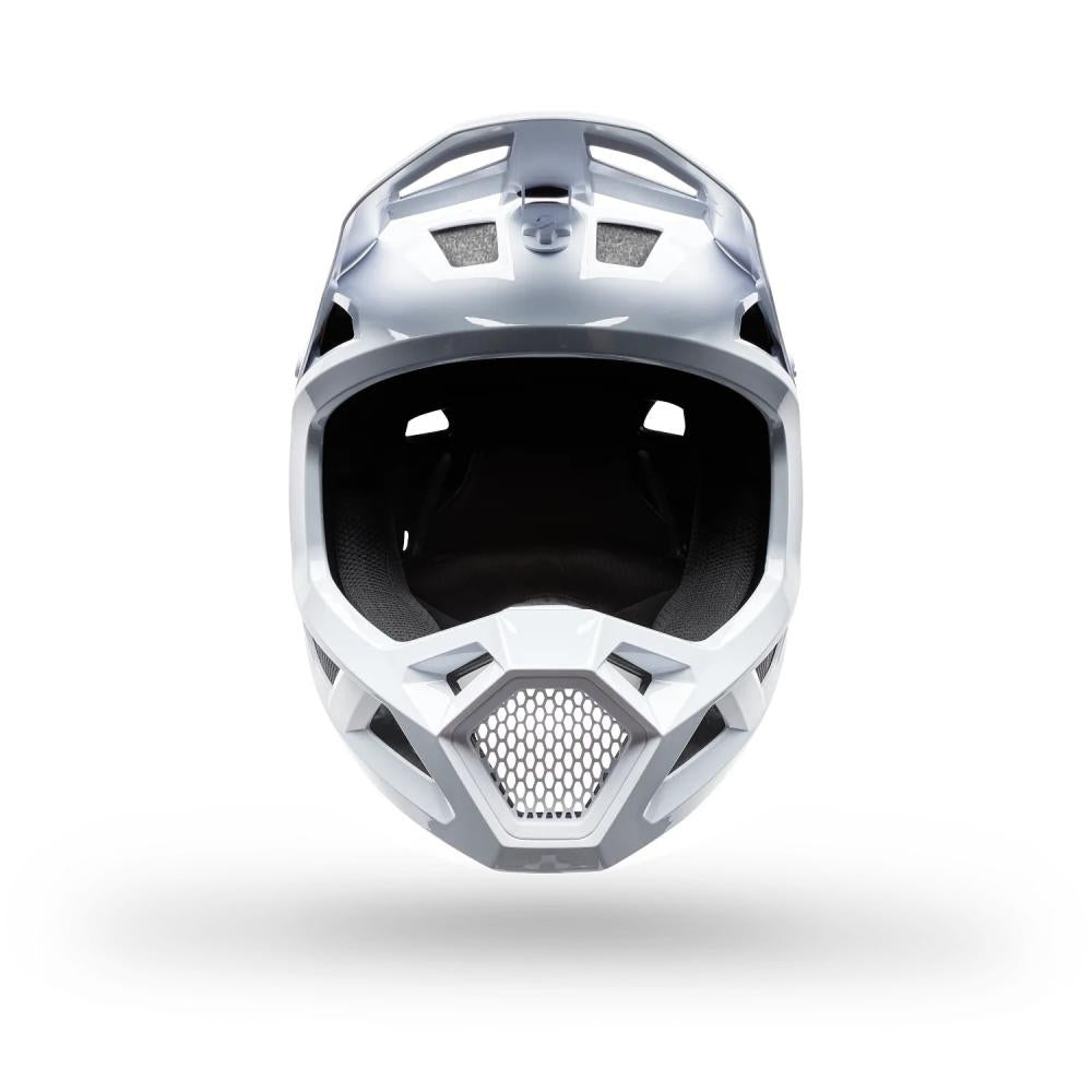 Weißer FOX Rampage Fullface MTB-Helm Gr. S (55-56cm) mit Mips, 360° Belüftung und verstellbarem Visier.
