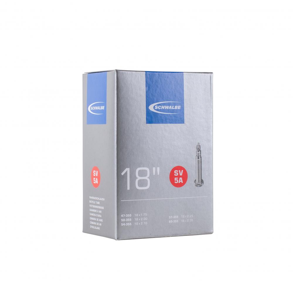 Schwalbe Fahrradschlauch SV5A 18 Zoll 47/60-355 mit 40mm Sclaverandventil für Reifenbreiten von 1,75 bis 2,35 Zoll.