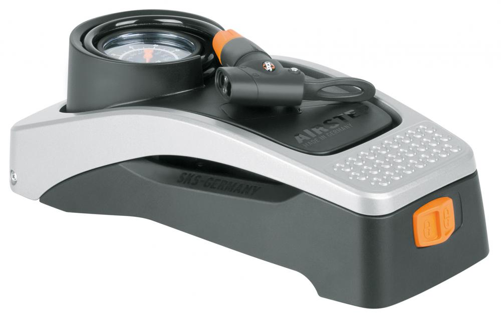 SKS Fußpumpe Airstep - Hochdruck-Standpumpe mit Manometer - Stahlzylinder robuster Trittmechanismus Multi-Valve-Ventilkopf für Auto Dunlop- & Presta-Ventile