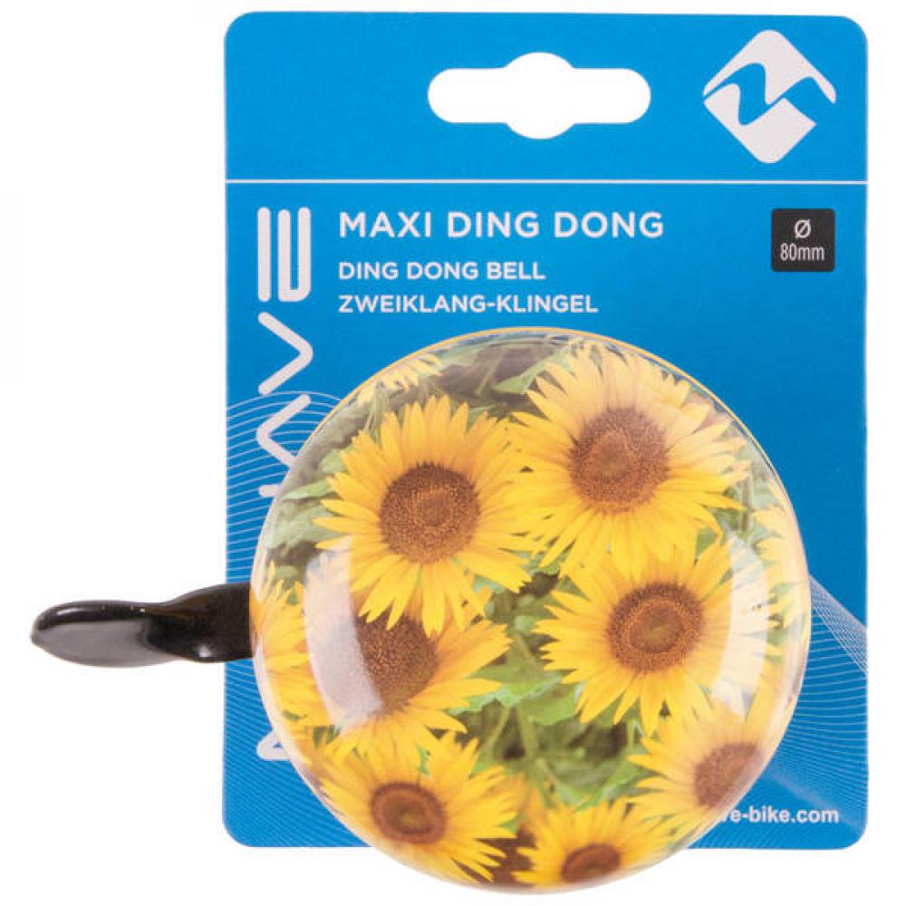 Messingschlager Fahrradklingel Sonnenblume, 2-Klang, Ø 80mm, farbiges Blumenmotiv, lauter Ton, stabile Metallkonstruktion.