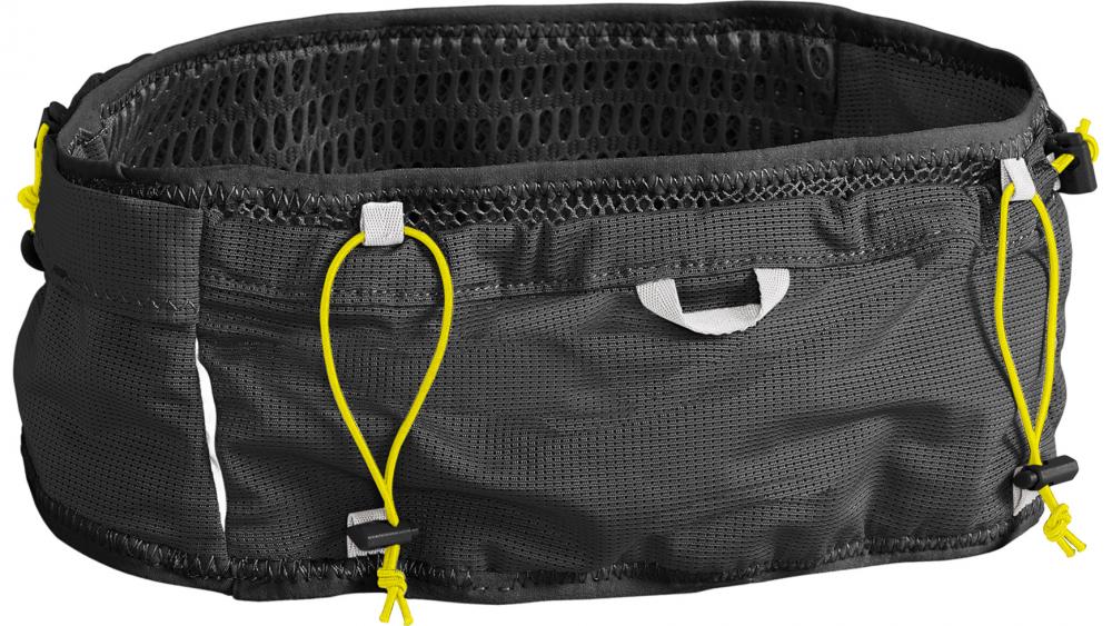 Schwarzer Camelbak Ultra Belt 0,5L S/M aus atmungsaktivem Mesh-Material mit gelben Kordeln und Fächern.