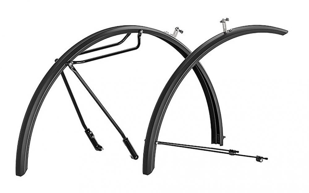 Schwarzes Hebie Alumee Schutzblechset 26 Zoll, 62mm breit, mit Befestigungsstreben für Fahrräder.