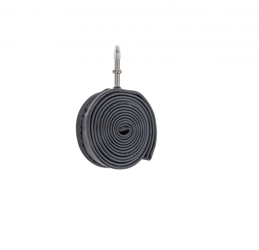 Schwalbe Fahrradschlauch SV12G Extra Light mit Sclaverand-Ventil 50mm, gerollt auf weißem Hintergrund.