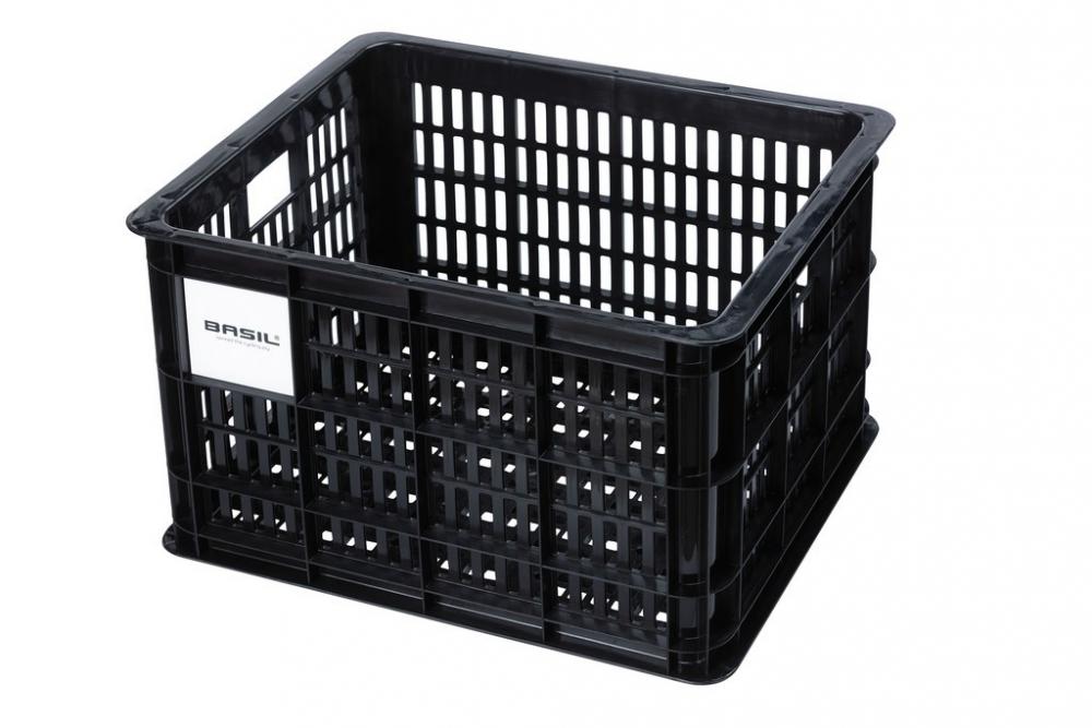 Schwarze Basil Crate M Fahrradkiste aus robustem Kunststoff, 29,5 Liter, 33x44x25 cm, für MIK-System geeignet.
