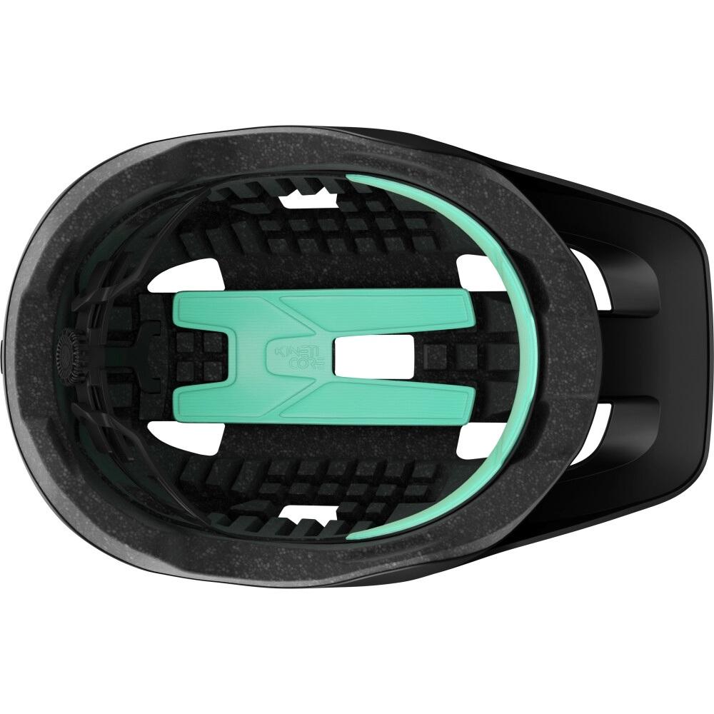 Innenansicht Lazer Finch KinetiCore MTB Helm mattschwarz mit grüner KinetiCore-Technologie und Belüftungsöffnungen.