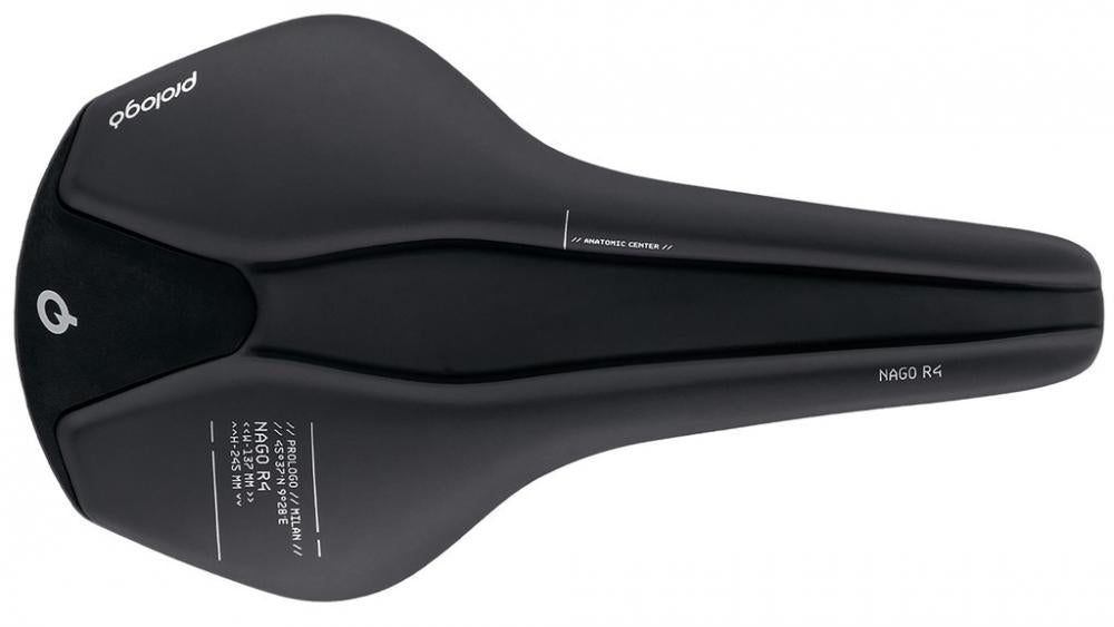 Schwarzer Prologo Nago R4 Fahrradsattel, 137 mm Breite, von oben fotografiert.