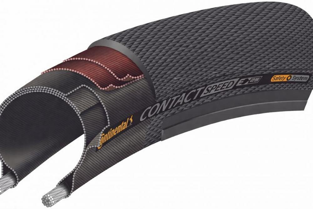 Querschnitt Continental Conti Contact Speed Fahrradreifen schwarz, zeigt Aufbau und Safety System, E-25.