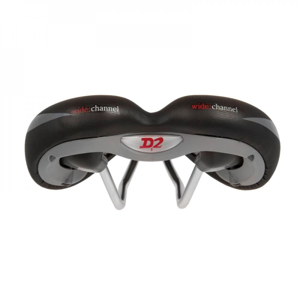Schwarzer VELO Damen-Sattel Wide:Channel, ergonomisch für City- und Trekkingräder, Rückansicht mit D2-Logo.