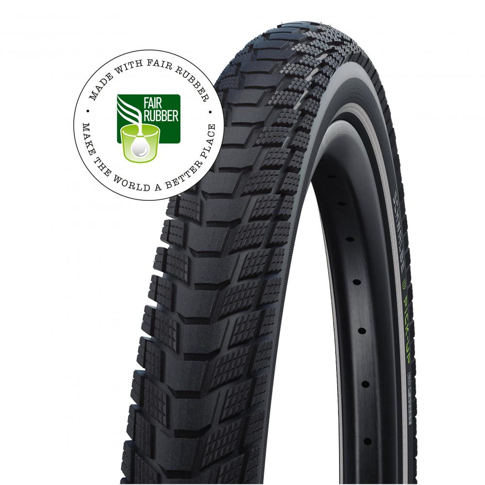 Schwalbe Pick-Up Reifen schwarz mit Reflexstreifen, E-Cargo-Bike-Reifen, mit Fair Rubber Logo.