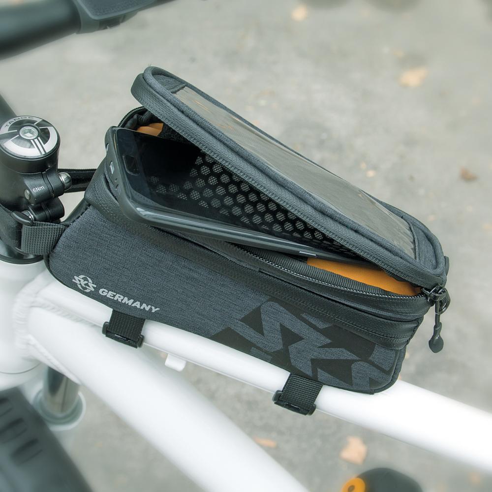 SKS Oberrohrtasche Traveller Smart schwarz - Wasserdichte Rahmentasche mit Touchscreen-kompatiblem Smartphone-Fach, 200x100x11mm, ideal für Trekking- und Rennräder