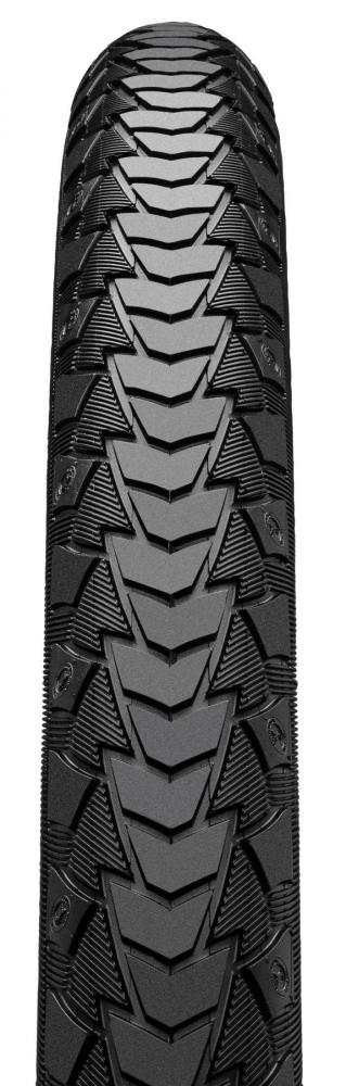 Schwarzer Continental eContact Plus E-Bike Fahrradreifen 27.5x2.20, Profilansicht mit Reflex und markantem Muster.