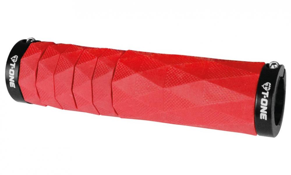 Rote T-One Fahrradgriffe Diamond mit griffiger Rautenstruktur und doppelter Schraubklemmung.