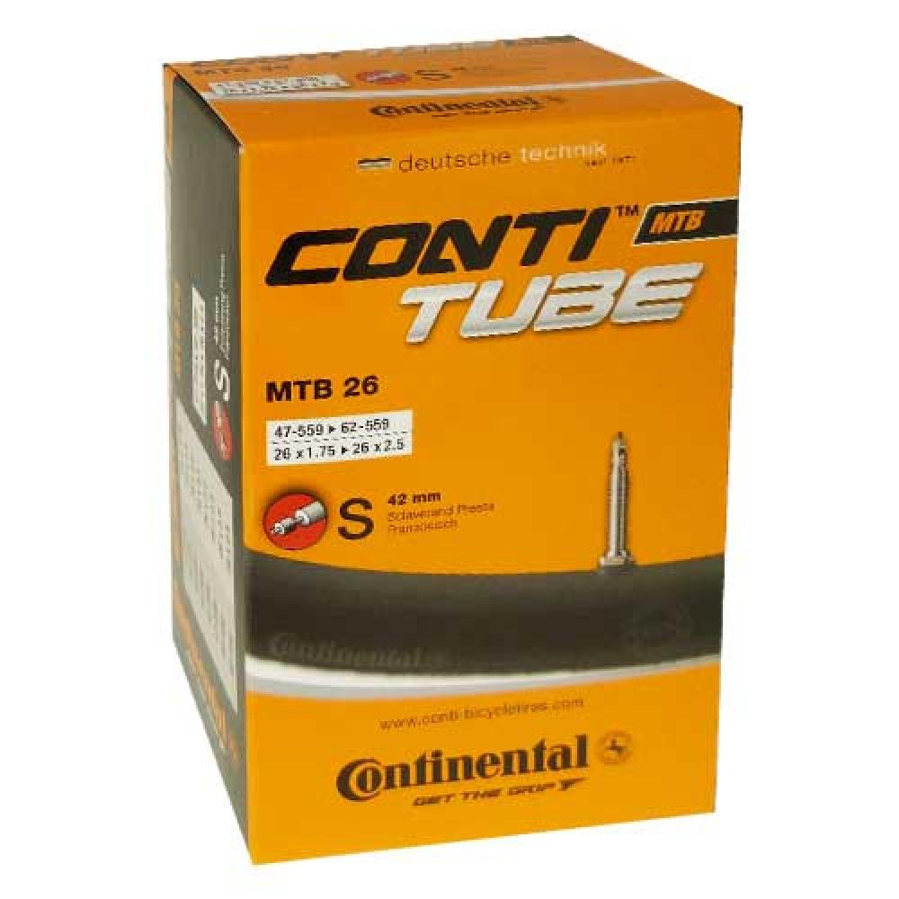 Continental Conti MTB 26 Fahrradschlauch 26x1.75-2.50, Presta-Ventil, in orangefarbener Verpackung.