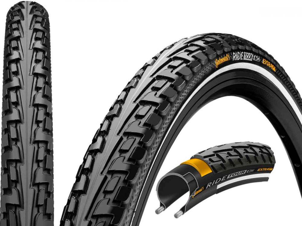 Continental RideTour Fahrradreifen 28x1.60 mit Reflexstreifen und Pannenschutz, verschiedene Ansichten und Querschnitt.