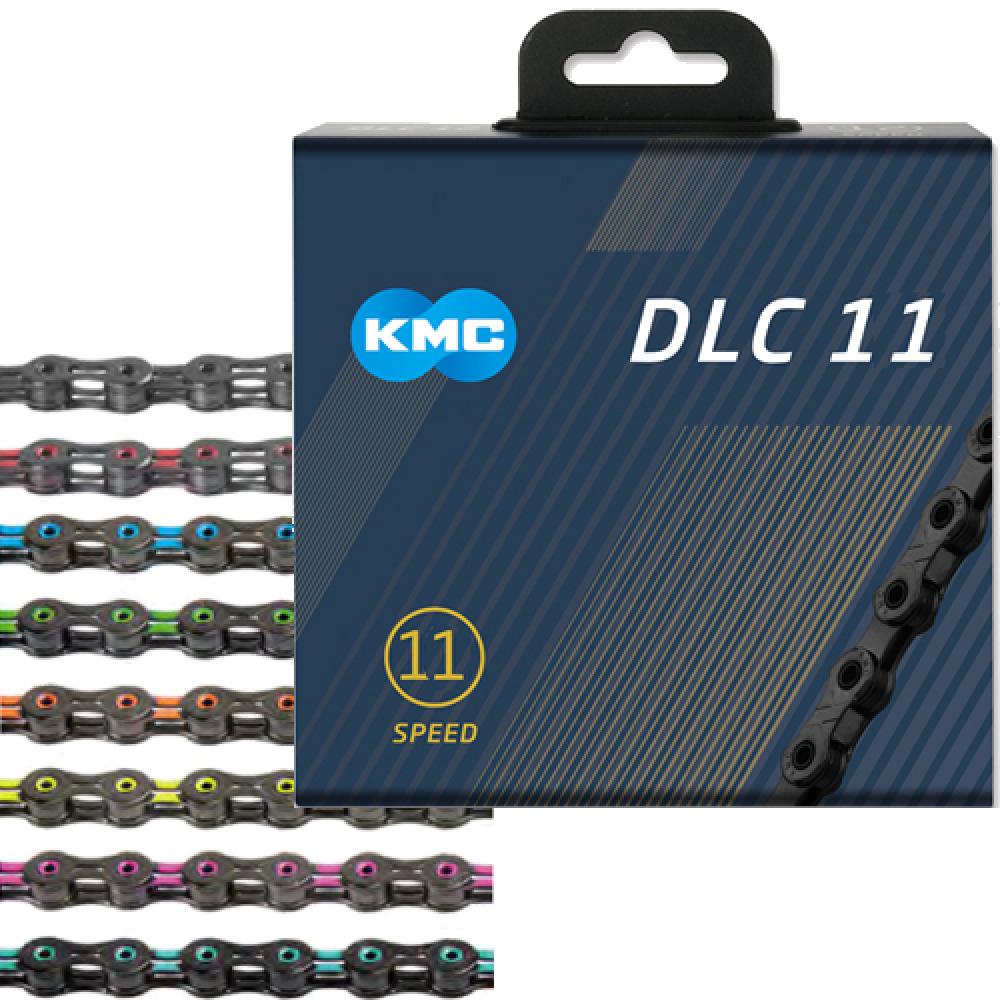 KMC Kette DLC 11 schwarz 11-fach in Verpackung. Links weitere KMC Ketten in verschiedenen Farben.