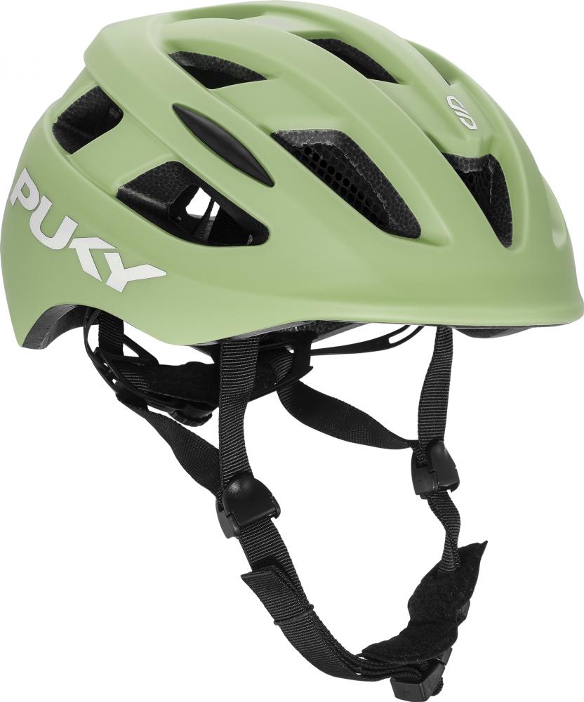 Puky Fahrradhelm Retro in Minzgrün, seitlich PUKY-Logo, mit Belüftung und schwarzen Kinnriemen.