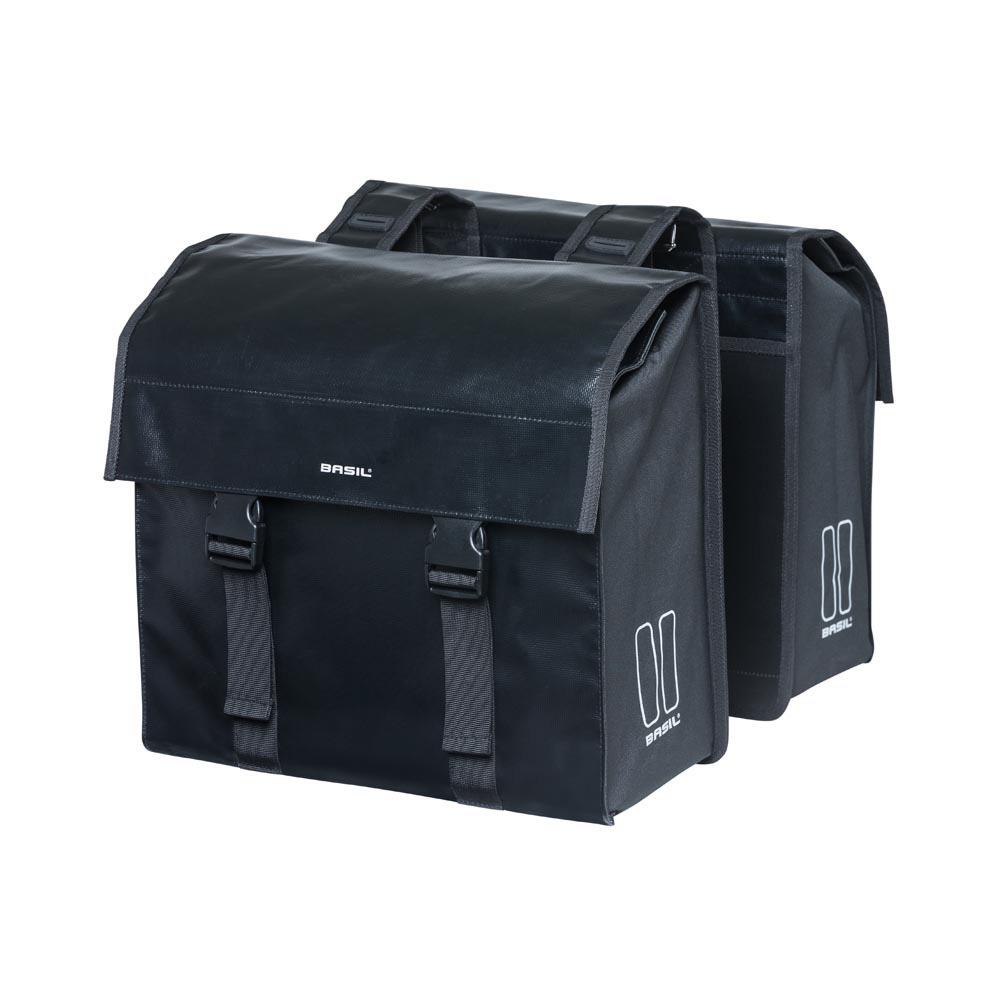 Schwarze, wasserdichte Basil Urban Load DB Fahrrad-Doppeltasche, 48-53 Liter, reflektierend, Universal Bridge System.