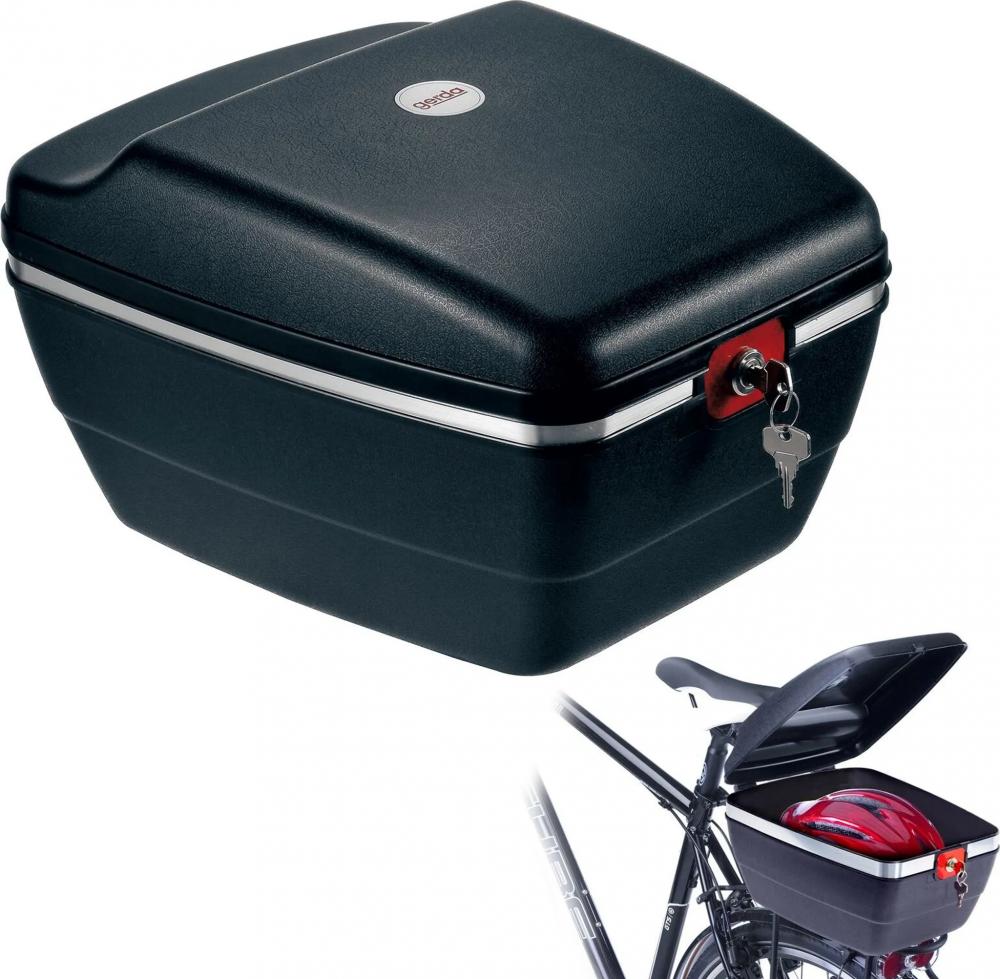 Gerda Touring Tresor A 14L, schwarzer, abschließbarer Fahrradkoffer für Gepäckträger, mit Schlüssel und Helm.