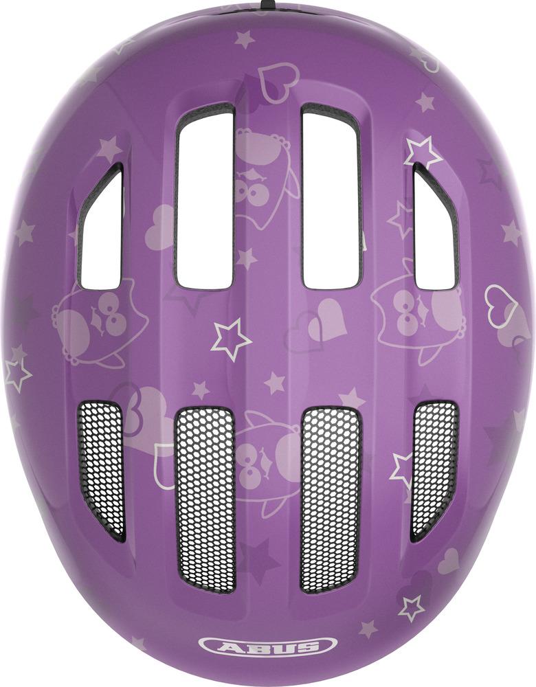 Abus Smiley 3.0 Kinderhelm Purple Star M (50-55 cm) in Lila mit Eulen- und Sternenmuster, Frontansicht.
