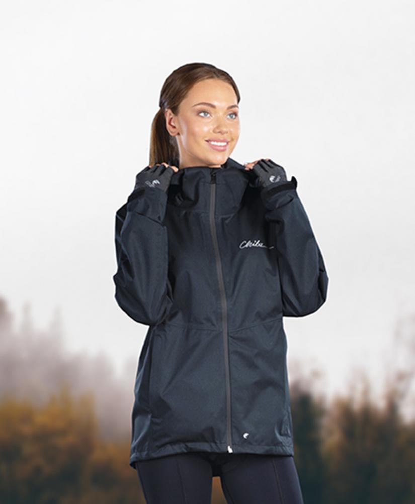 CHIBA Rainjacket Damen - wasserdicht, winddicht, atmungsaktiv, reflektierendes Logo, Größe S, schwarz