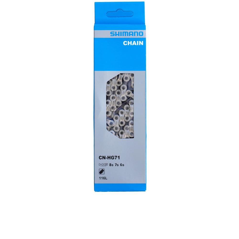 Shimano CN-HG71 Fahrradkette für 8-, 7- und 6-fach Schaltungen, 116 Glieder, in blauer Verpackung mit Sichtfenster.