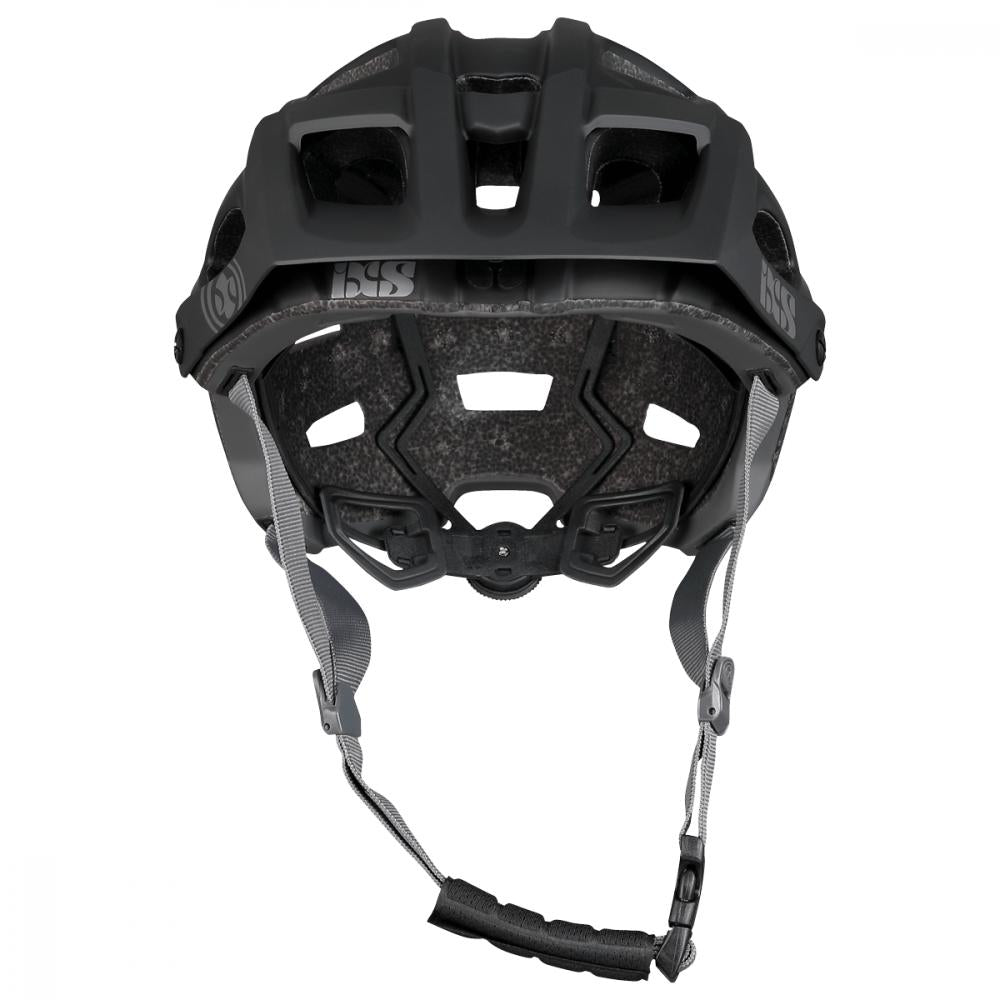 iXS Trail EVO All-Mountain-Fahrradhelm in Schwarz, Rückansicht mit Einstellsystem und grauen Kinnriemen.