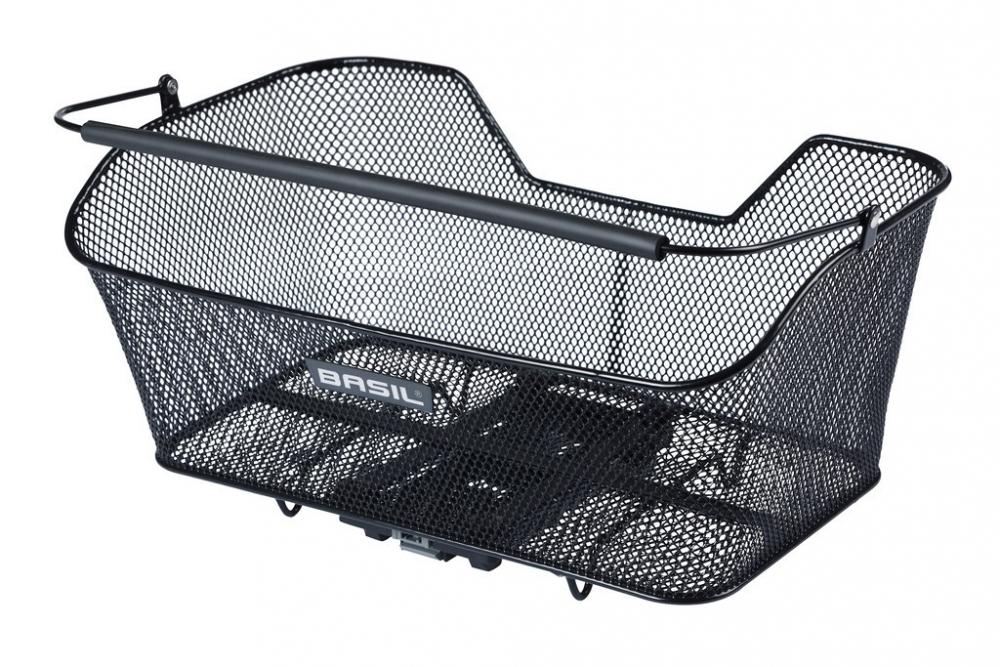 Basil Hinterradkorb Base XL MIK, schwarzer, engmaschiger Stahlkorb, abnehmbar mit MIK-System, bis 10 kg.