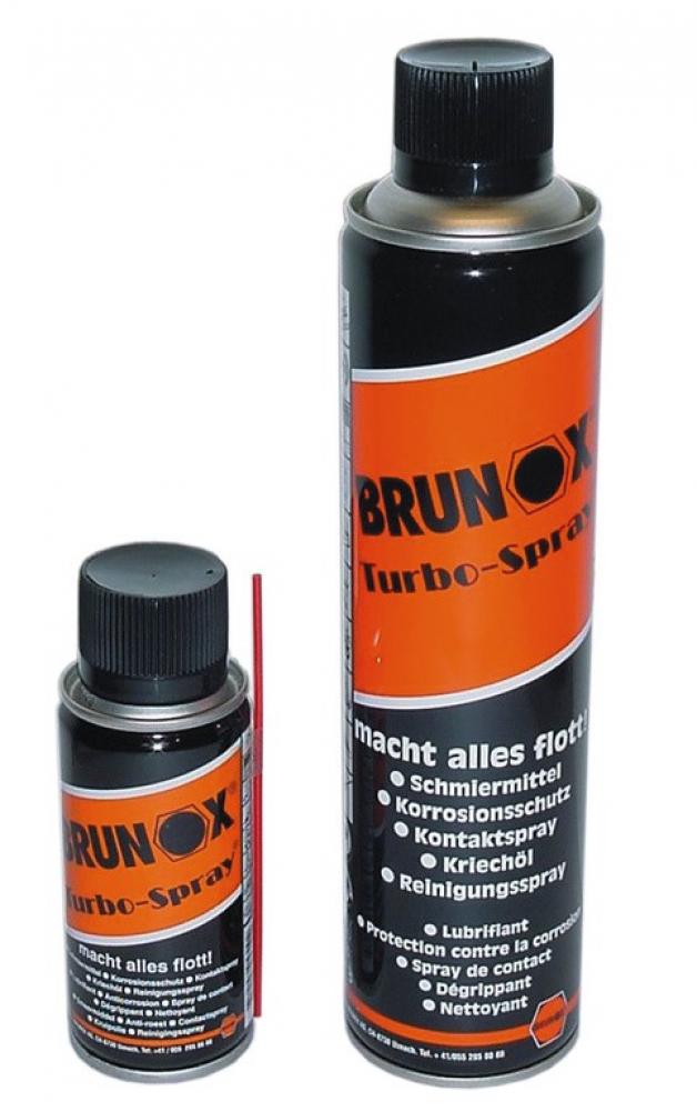 Brunox 5-Funktionen Turbo-Spray 400ml Spraydose und eine kleinere Dose mit rotem Sprühröhrchen.