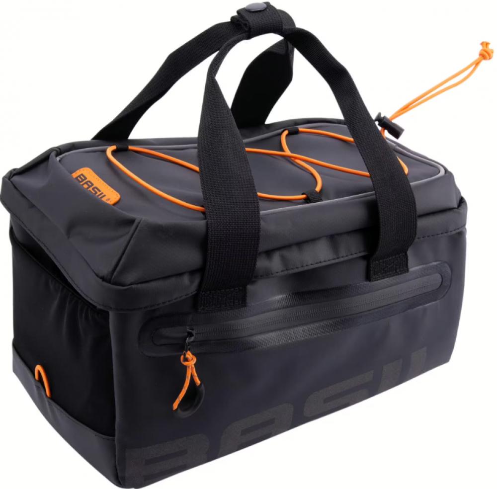 Basil Gepäckträgertasche Gepäckträgertasche Miles Tarpaulin MIK 2.0 - 7 Liter - wasserdicht schwarz-orange mit MIK-Adapterplatte