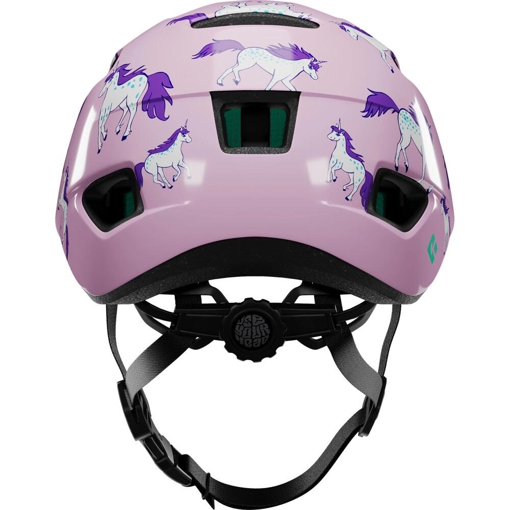 Rückansicht des rosa Lazer Nutz 2.0 KinetiCore Kinder-Fahrradhelms mit Einhorn-Motiv und Verstellrad.