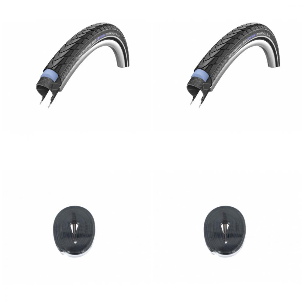 Zwei Schwalbe Marathon Plus 28 Zoll Drahtreifen (47-622 Reflex E-50) und zwei DV17 Schläuche auf weißem Hintergrund.