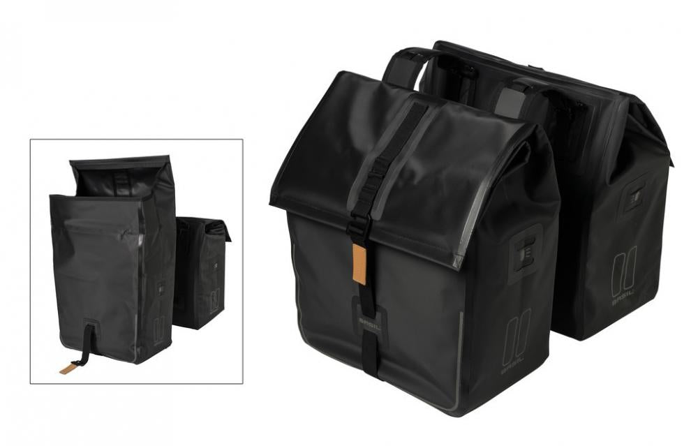 Basil Urban Dry Doppelpacktasche, matt schwarz, wasserdicht, 50l, mit Rollverschluss für Fahrräder.