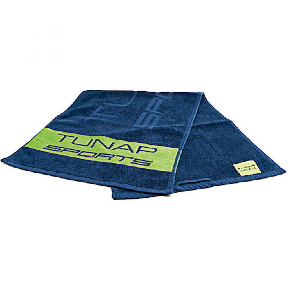Tunap Sports Handtuch 80 x 40 cm, blau, robustes Sporthandtuch für Radfahrer mit grünem Logo.