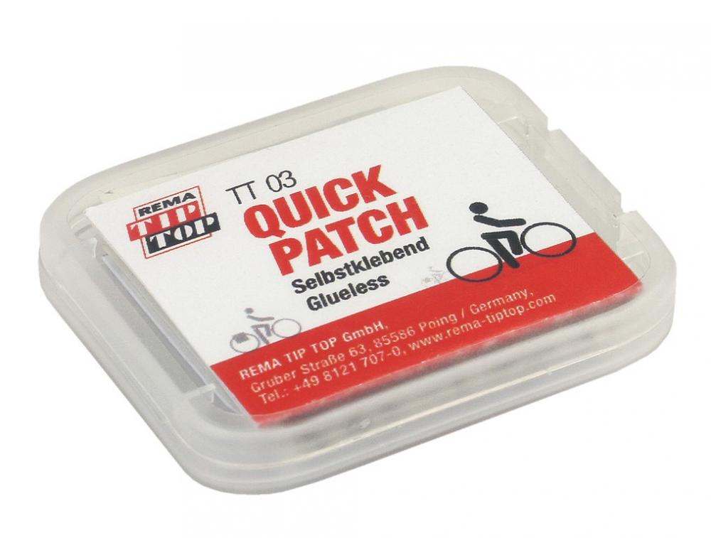 Rema Tip Top TT03 Quick Patch selbstklebendes Fahrrad Reparaturkästchen in transparenter Box.