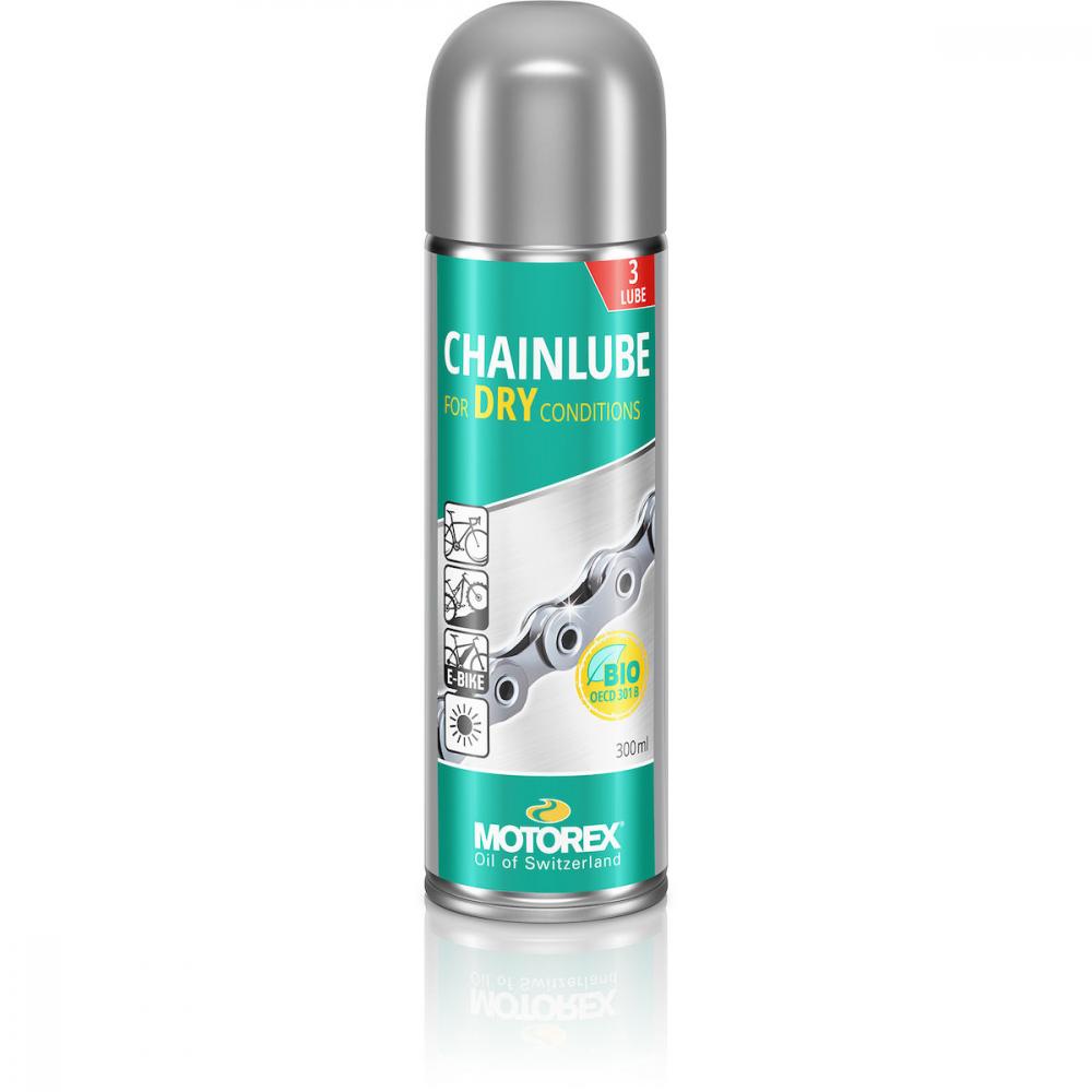 Motorex Chainlube Dry Conditions 300ml, vollsynthetisches Kettenöl für Fahrräder bei trockener Witterung.