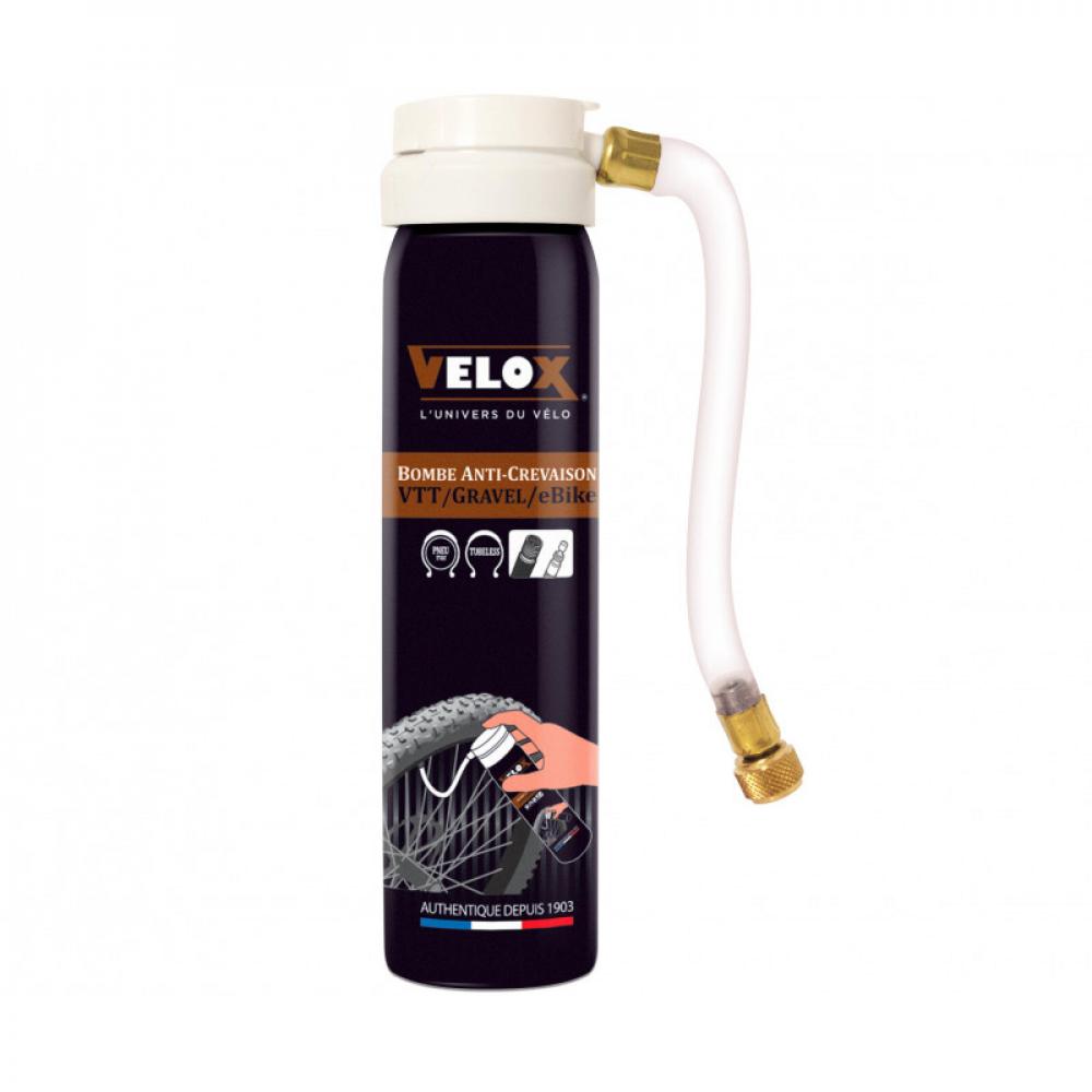 Velox Pannenspray repariert und pumpt Fahrradreifen (VTT/Gravel/eBike) mit AV/SV Ventilen auf, kompakter Behälter mit Schlauc