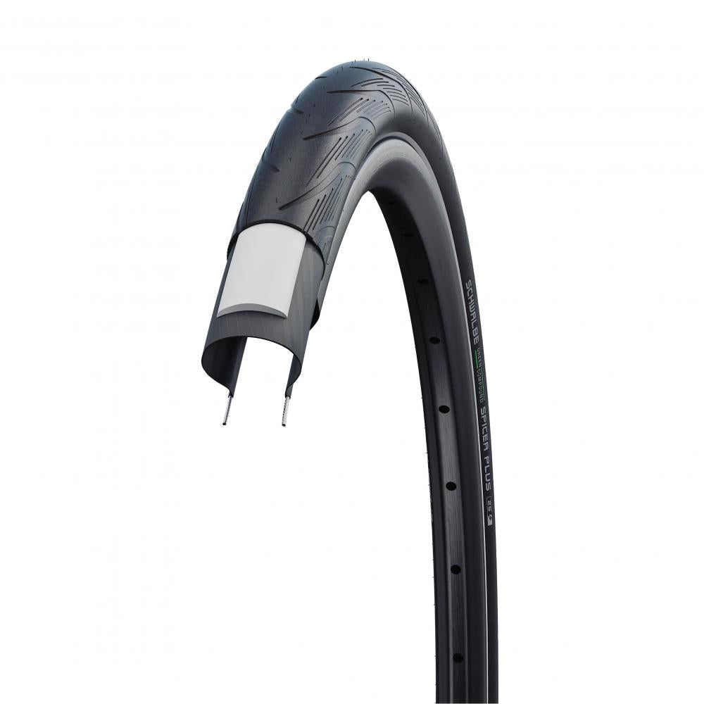 Schwalbe Spicer Plus 28x1.50" Drahtreifen mit PunctureGuard, Reflexstreifen und Green Compound für E-Bikes.