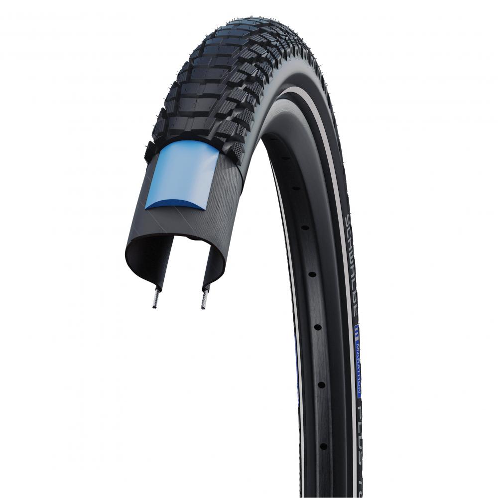 Schwalbe Marathon Plus Tour 29 Zoll Trekkingreifen mit blauem SmartGuard Pannenschutz im Querschnitt.