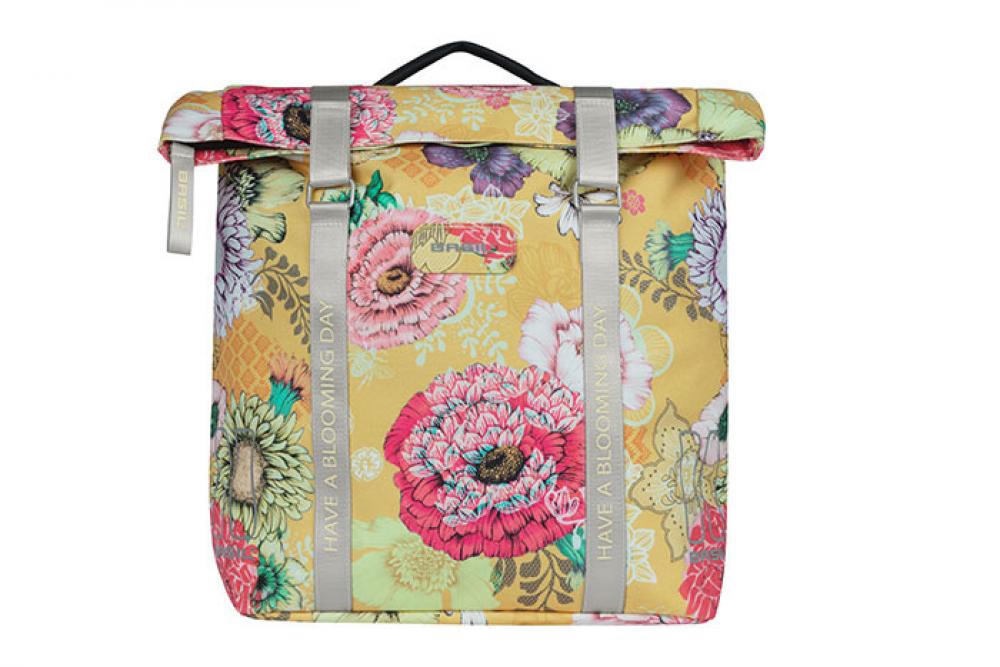 Basil Doppeltasche Bloom Field honey yellow: Gelbe Fahrradtasche mit Blumenmuster, 35 Liter Volumen und MIK-System.