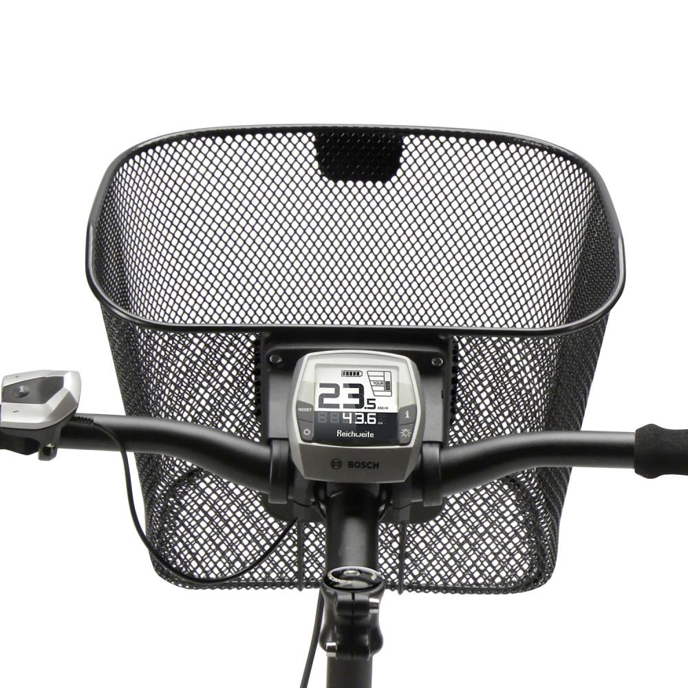 KLICKfix Festkorb schwarz 16L am E-Bike Lenker mit Bosch Display. Stabiler Fahrradkorb.
