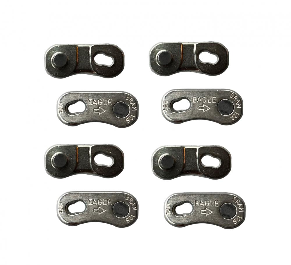 Acht silberne SRAM PowerLock Eagle 12-fach Kettenverschlüsse für Fahrradketten.