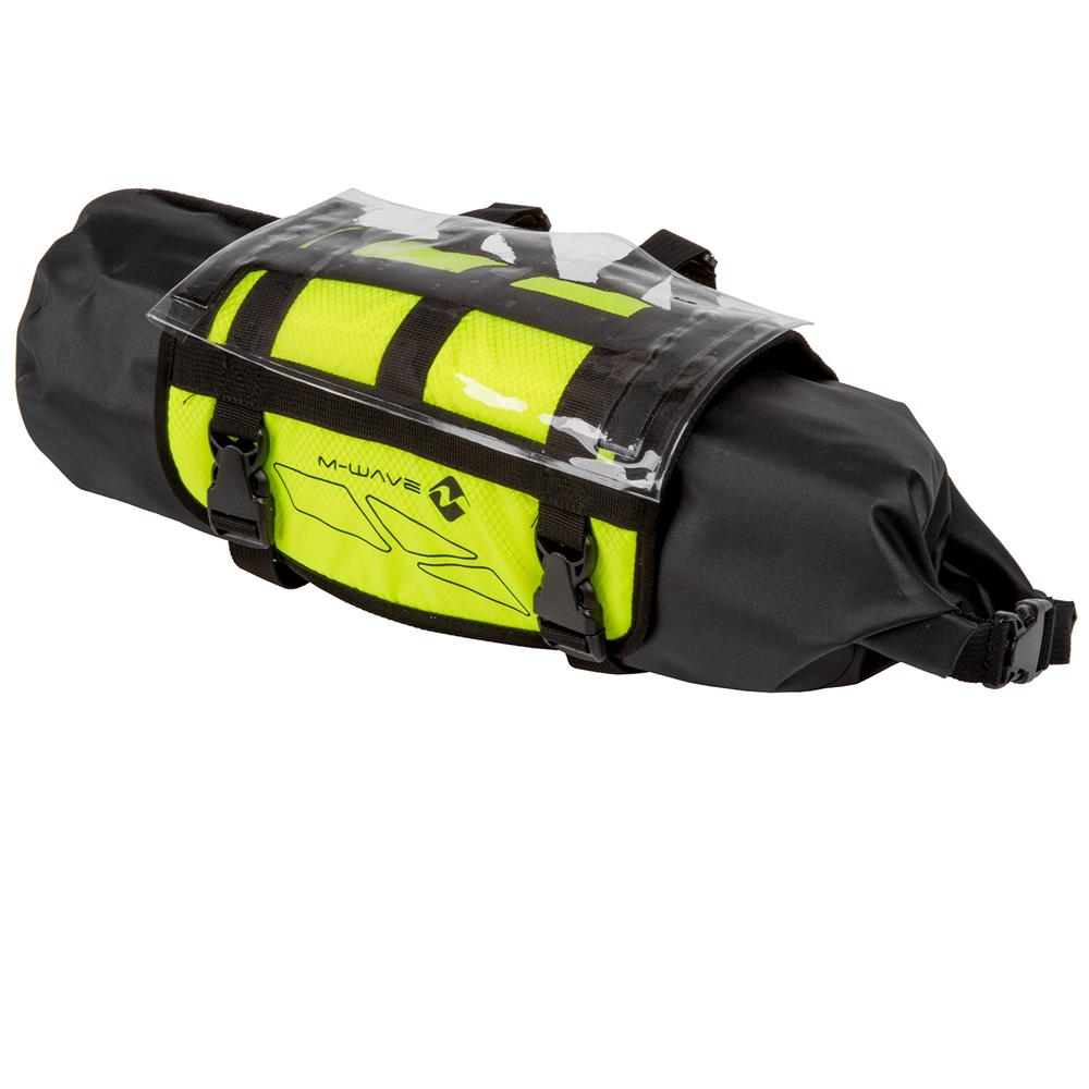 Neongelbe M-Wave Bikepacking Lenkertasche 10 Liter mit schwarzem Packsack und Kartensichtfenster.