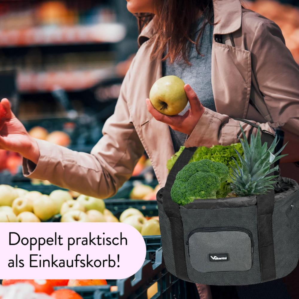Valkental Fahrradkorb für Hunde grau, als Einkaufskorb mit Gemüse und Tragefunktion im Supermarkt.