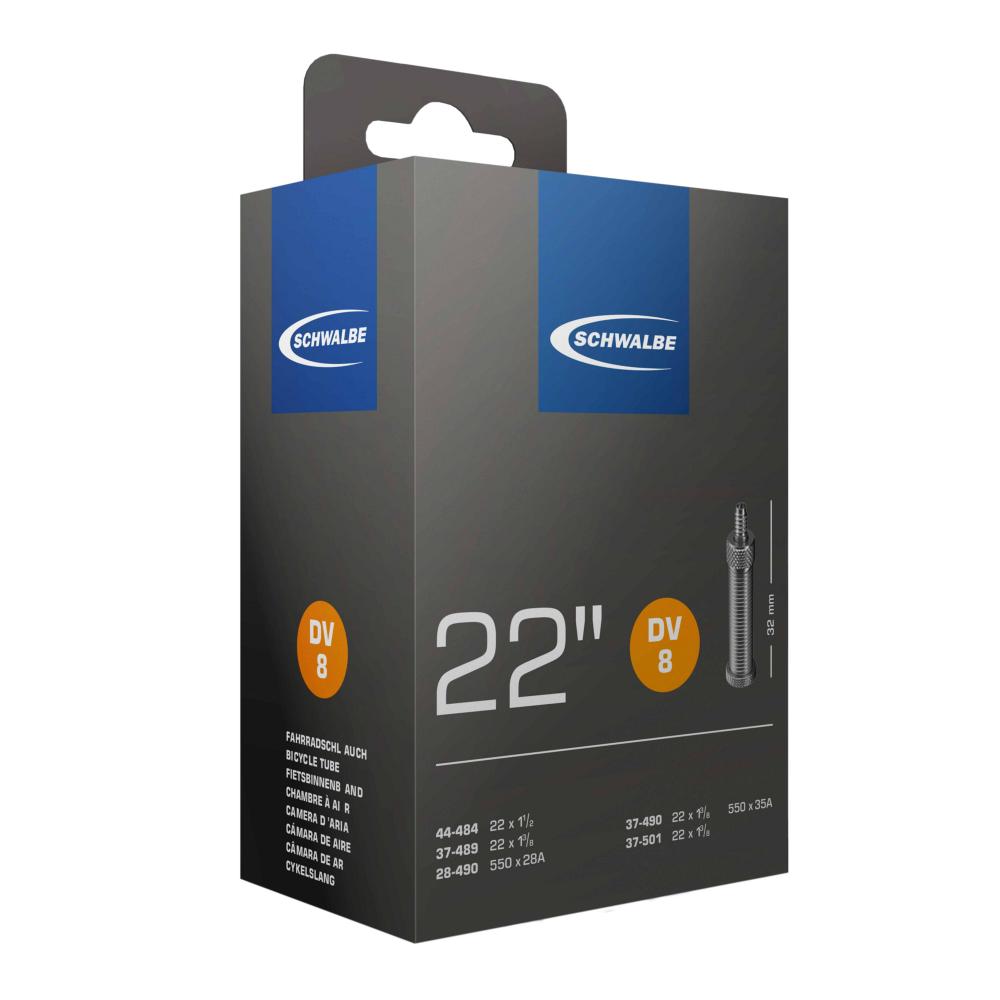 Schwalbe Fahrradschlauch DV8 für 22 Zoll Reifen (28/37-489/501) mit 32mm Dunlop-Ventil, in Box.