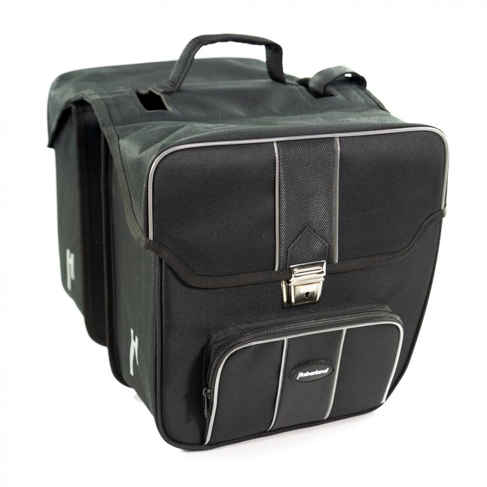 Haberland Doppeltasche 31l Safe schwarz mit Metallschloss und Reflektoren für den Fahrradgepäckträger.