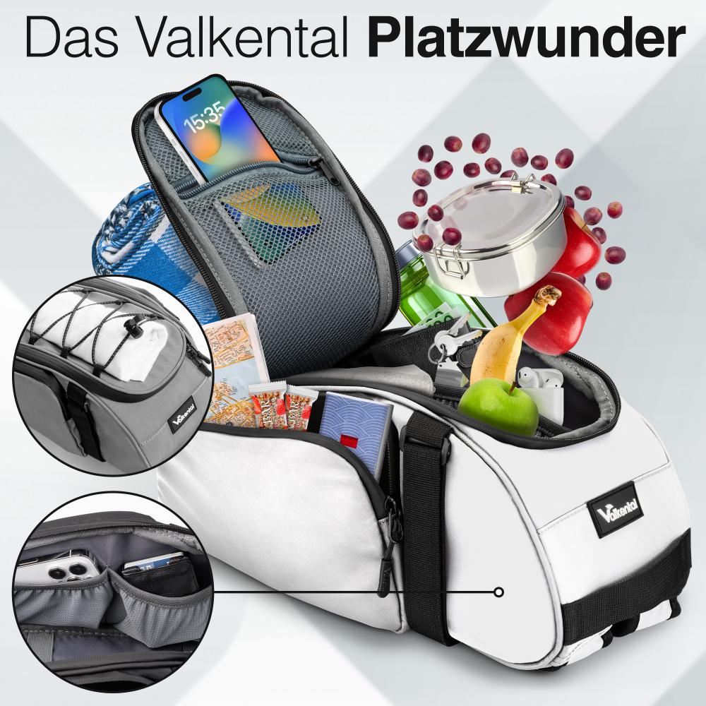 Valkental Gepäckträgertasche Trunk Bag weiß, das Platzwunder mit Rucksackfunktion, vollgepackt für unterwegs.